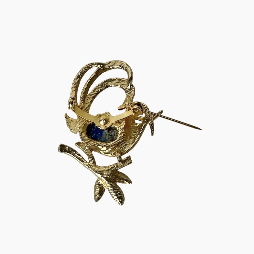 Bird Brooch Vintage Blue Cabochon Textured Stone Gold Tone Swirl Tail 2 Inch - Picture 8 of 11